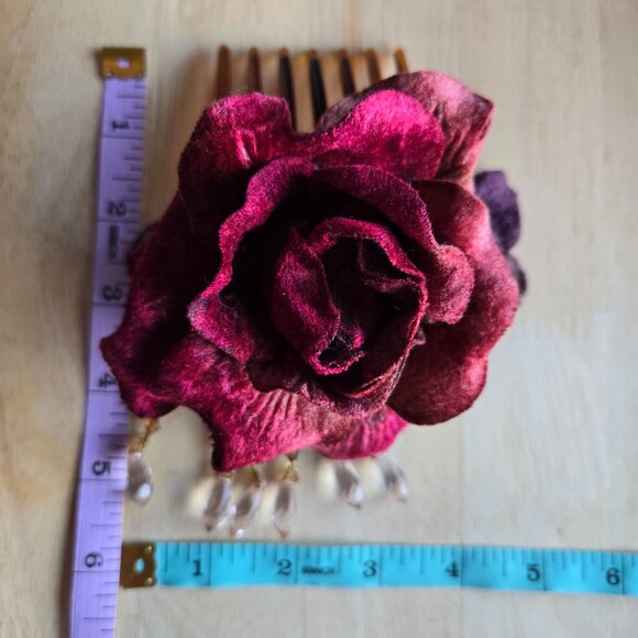 Handmade Red Velvet Millinery Rose and Beaded Fringe Hair Comb 1920s-Style - Picture 9 of 10